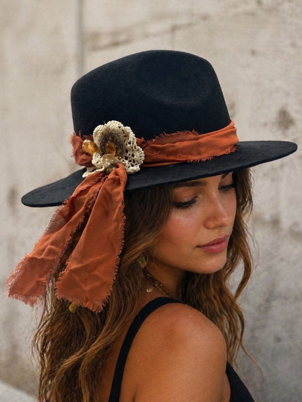 Handmade Boho Western Hat, Black Wide Brim, Ribbon Lace Detail, Festival Ranch